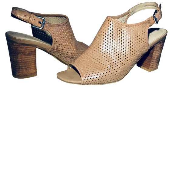 Franco Sarto Tan Leather Perforated Sling Back Heeled Sandals 10M - Picture 2 of 11